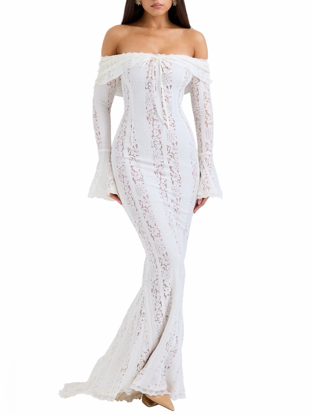 ANGEL LANE Lace Maxi Off-Shoulder White Mermaid Dress size L NEW